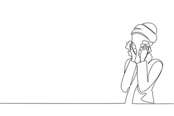 Continuous line drawing celebrates National Skincare Education Day, featuring a woman gently cleansing her face. The design emphasizes health concept and beauty awareness through simple elegance.
