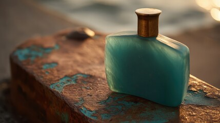 Opaque teal glass perfume bottle on a textured brown surface