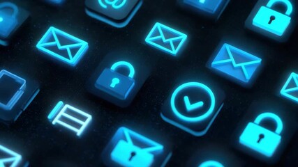 Digital security glowing blue email lock clock icons on black background symbolizing protection communication technology with vibrant neon effect ensuring secure connectivity and data safety - Powered by Adobe