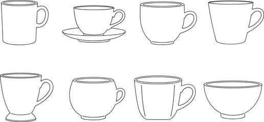 Cup and mug vector, drinkware silhouette set, black line illustration, kitchen utensil icons, beverage container design, cad drawing flat vector illustration