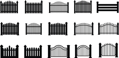 Fence silhouette vector, black design icons, architectural barrier styles, garden enclosure illustration, property divider set, cad drawing flat vector illustration