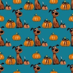 Seamless pattern with a cute cartoon dog and pumpkins on a blue background. Fun and playful design perfect for Halloween, autumn decorations, fabric prints, gift wrapping, and children’s products.