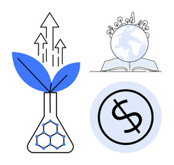 Flask with plant, arrows representing growth, globe on open book, dollar sign in circular background. Ideal for sustainability, research, education, economy environment innovation progress. Simple