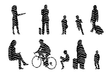 Vector illustration, Outline silhouettes of people, Contour drawing, people silhouette, Icon Set Isolated , Silhouette of sitting people, Architectural set