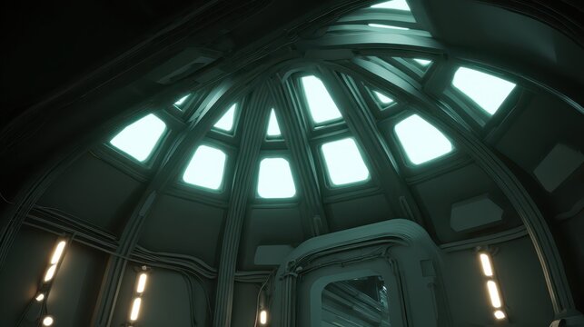 Spaceship interior with futuristic design and geometric windows