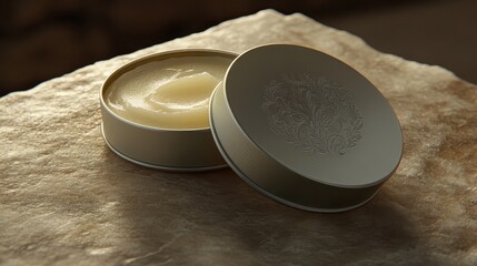 Open round tin of medicated balm with embossed lid design