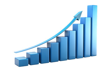 Blue 3d bar graph with upward trending arrow showing financial growth and positive progress isolated on transparent background
