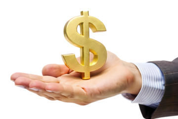 Golden dollar sign symbol resting on an open palm of a business person s hand isolated on transparent background
