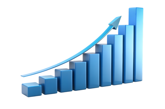 Blue 3d bar graph with upward trending arrow showing financial growth and positive progress isolated on transparent background