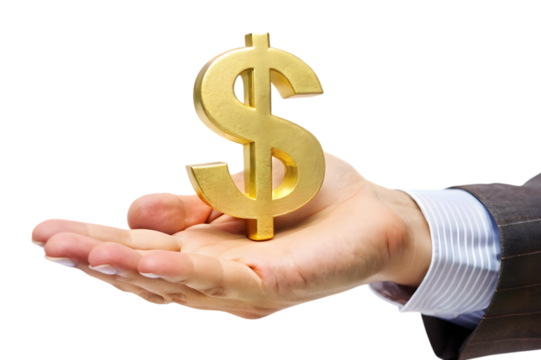 Golden dollar sign symbol resting on an open palm of a business person s hand isolated on transparent background