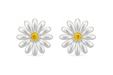 Silver daisy stud earrings with yellow centers, transparent background.