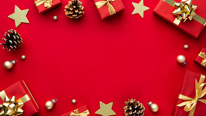 Festive Christmas Flat Lay with Red Background Gifts Pine Cones Stars and Ornaments Creating a Holiday Border