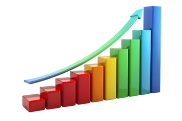 Colorful 3d bar graph showing upward trend with green arrow indicating growth and success isolated on transparent background