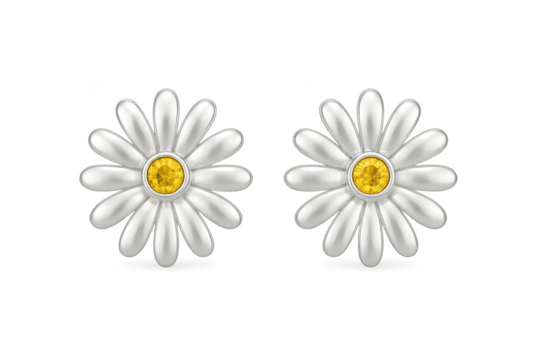 Silver daisy stud earrings with yellow centers, transparent background.