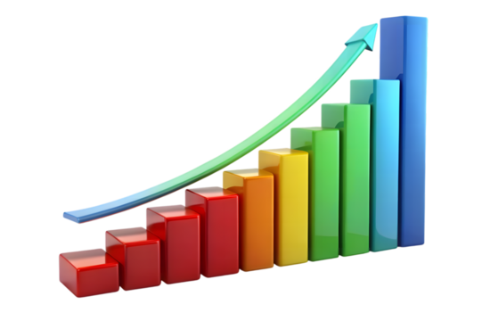 Colorful 3d bar graph showing upward trend with green arrow indicating growth and success isolated on transparent background