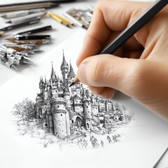 Artist drawing medieval castle with pencil on white paper  high resolution   for isolate image