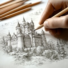 Artist drawing medieval castle with pencil on white paper  high resolution   for isolate image