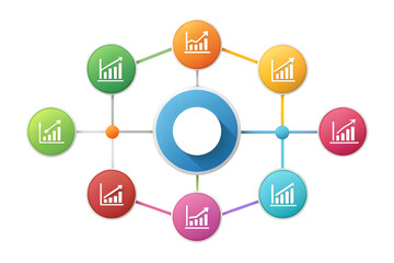 Colorful infographic diagram with interconnected nodes showing growth charts and data analysis isolated on transparent background