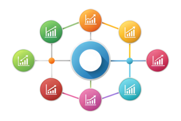 Colorful infographic diagram with interconnected nodes showing growth charts and data analysis isolated on transparent background