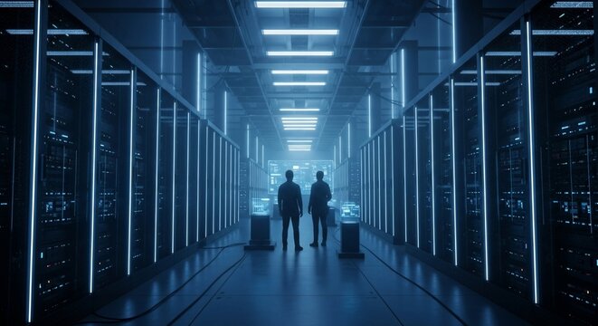 Two professionals oversee a futuristic data center with glowing blue server racks and digital displays, showcasing advanced technology and innovation. - Powered by Adobe