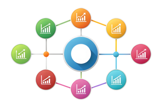 Colorful infographic diagram with interconnected nodes showing growth charts and data analysis isolated on transparent background