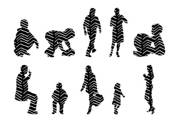 Vector illustration, Outline silhouettes of people, Contour drawing, people silhouette, Icon Set Isolated , Silhouette of sitting people, Architectural set