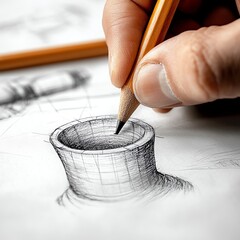 Hand drawing a shaded cylinder with pencil on white paper  high resolution   for isolate image