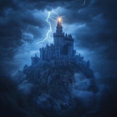 Lightning striking medieval castle on rocky hill during thunderstorm  high resolution   for isolate image