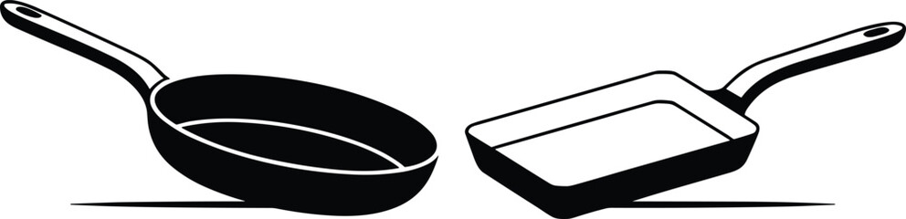 Kitchen frying pan, round and square cookware, black and white vector, cooking utensil illustration, cad drawing flat vector illustration