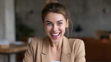 Young woman smile excitement blue eye light brown hair beige blazer indoor portrait happiness emotion casual hairstyle bright eyes positive expression cozy setting laptop screen surprise joy - Powered by Adobe