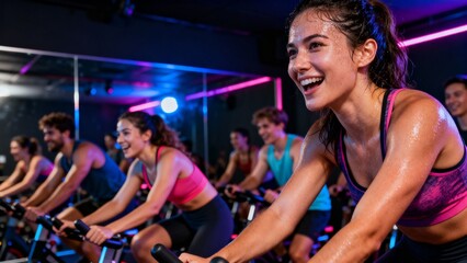Vibrant Indoor Spinning Class with Colorful Lighting in a Gym