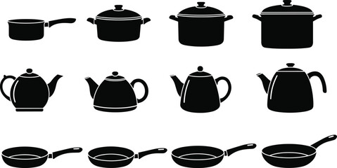 Kitchen cookware vector, frying pan and pot icons, black silhouette design, culinary utensil illustration, cad drawing flat vector illustration