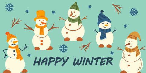 Happy winter! Vector greeting template. Christmas winter greeting card with cute snowmen. Vector illustration.