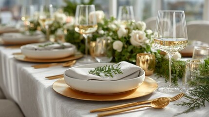 Fototapeta premium Elegant dinner table setting with floral arrangements and glassware at a modern venue during a sunny afternoon