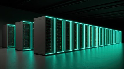 Row of Servers with Green Neon Lights in a Data Center