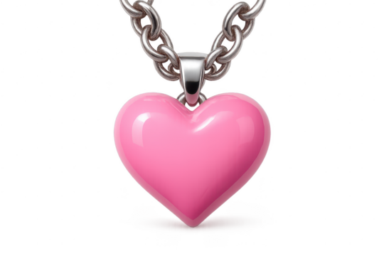 Shiny pink heart pendant on silver chain isolated on transparent background - Powered by Adobe