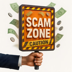 3D hand holding a scam zone caution sign with falling dollar bills and security warning design.  

