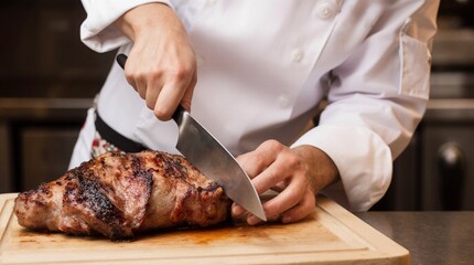 Professional chef cutting meat, preparing fresh vegetables for salad and cooking hot dishes in modern restaurant kitchen. Culinary process, gourmet cuisine, fine dining.