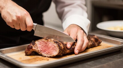 Professional chef cutting meat, preparing fresh vegetables for salad and cooking hot dishes in...