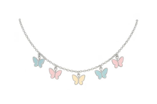 Delicate silver chain with pastel butterfly charms, isolated on transparent background - Powered by Adobe