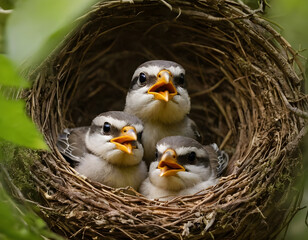 bird babies inside the nest in the forest, bird in nest