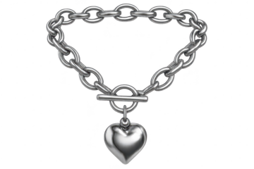Shiny silver chain necklace with a heart pendant isolated on transparent background