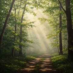 Obraz premium Forest path with sunbeams. Realistic oil painting of a trail winding through a sunny, misty woodland. 
