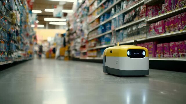 Medium shot showcasing a compact portable restocking robot maneuvering through store aisles highlighting its agile design against a softly blurred background