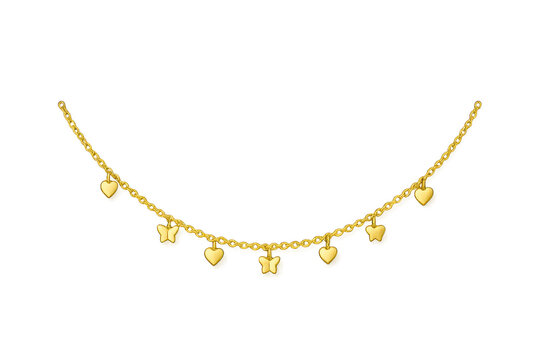 Elegant gold chain with heart and butterfly charms isolated on transparent background