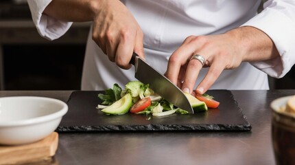 Professional chef cutting meat, preparing fresh vegetables for salad and cooking hot dishes in modern restaurant kitchen. Culinary process, gourmet cuisine, fine dining.