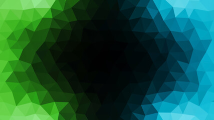 Frame. Geometric. Abstract. An abstract low poly frame with green and blue triangles surrounding a black center, ideal for a modern tech presentation, a gaming channel graphic, or a dynamic website