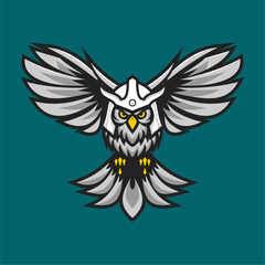 A fierce owl with wide open wings, wearing a knight’s helmet, symbolizing strength and protection.