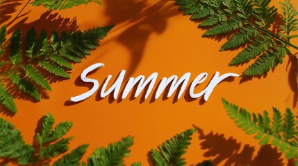 White cursive "Summer" text on orange background with green ferns, for seasonal marketing and social media backgrounds