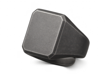 Heavy dark grey rectangular signet ring isolated on transparent background